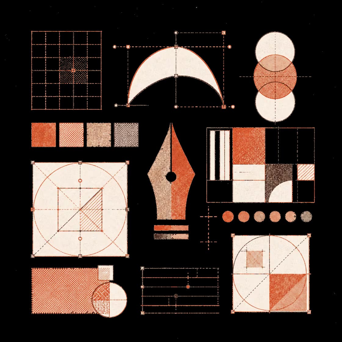 Risograph illustration of search and interface symbols.
