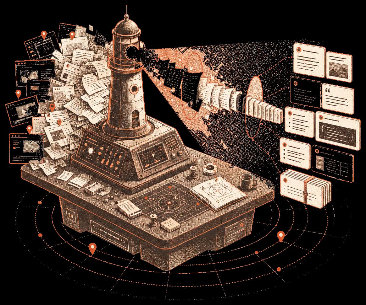 Generated AI search system with lighthouse, source documents, and retrieval outputs.